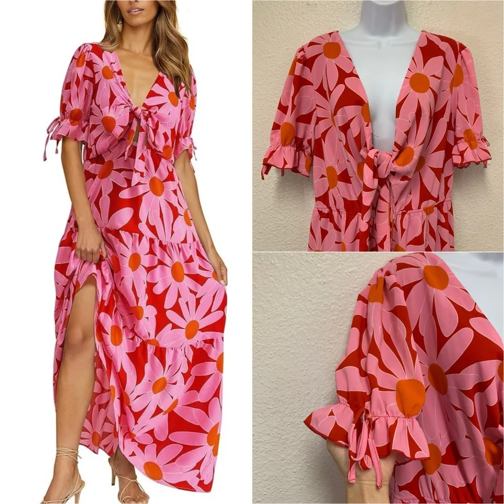 BTFBM Women's XL Summer Boho Dress Tie Front Deep V Neck Cutout Floral Pink Red - Picture 7 of 9